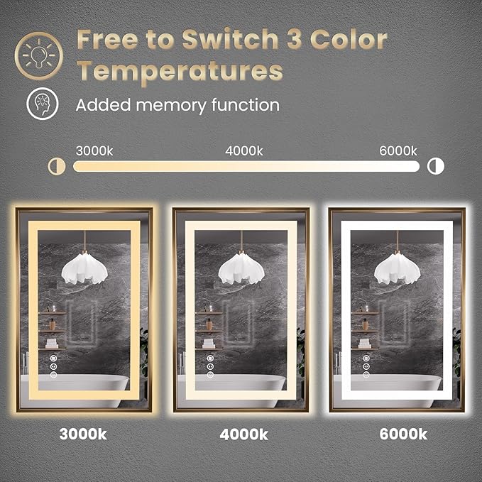 Amorho 40"X38" LED Bathroom Mirror, Golden Metal Framed Mirror with Front Light and Backlit, Stepless Dimmable, Anti-Fog, Shatter-Proof, Memory, 3 Colors