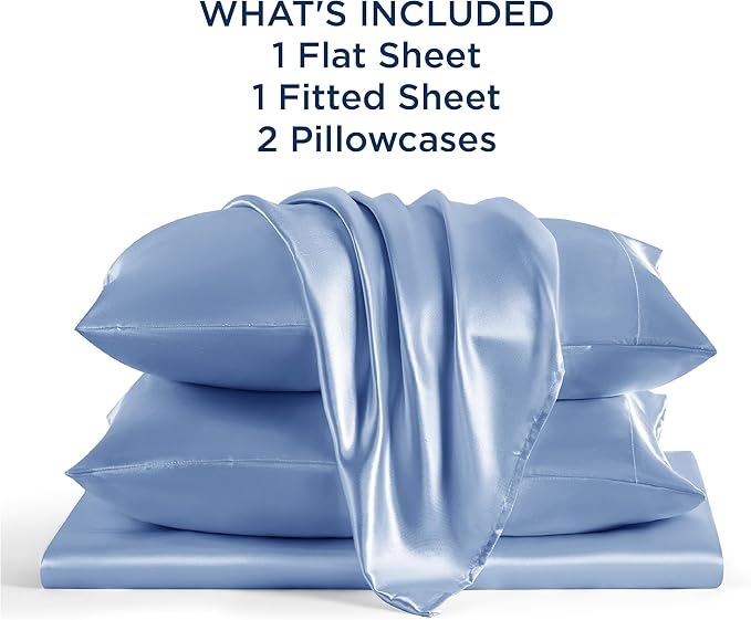 Bedsure Satin Sheets Full Size - 4 Piece Silky Bedsheets with 15 Inches Deep Pocket Fitted Bedsheet,1 Flat Sheet, 2 Satin Pillowcases, Good for Hair & Skin (Full, Sky Blue)