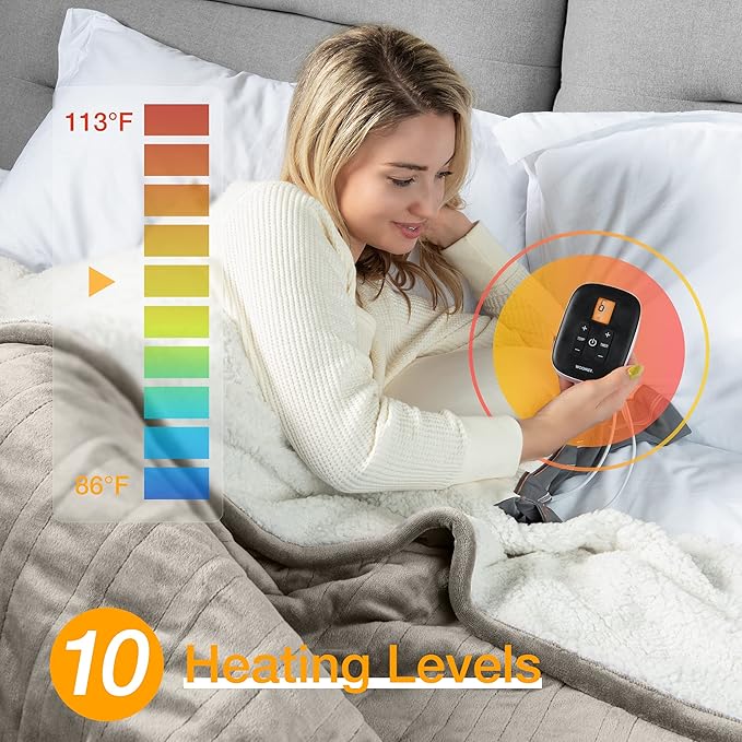 WOOMER Electric Blanket Full Size,Durable Flannel and Soft Sherpa,Dual Control,77”×84” Heated Throw Blanket, 10 Heat Levels&0.5-12h auto-Off,Energy Efficient,ETL Certified