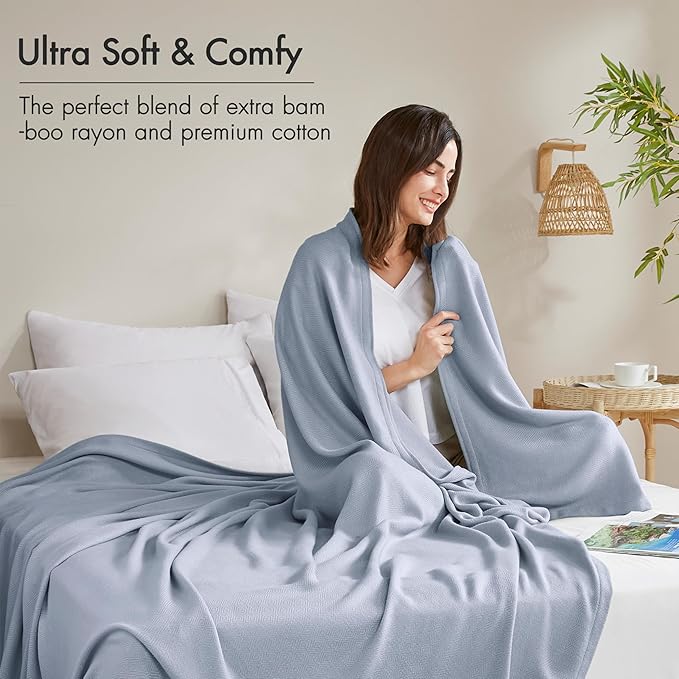Madison Park Twin Size Blanket, 70% Rayon Bamboo-Based, 30% Cotton, Breathable for Hot Sleepers Menopause, Ultra Soft and Snag-Resistant, Summer Blanket for Bed or Couch, Twin 66"x90", Light Blue