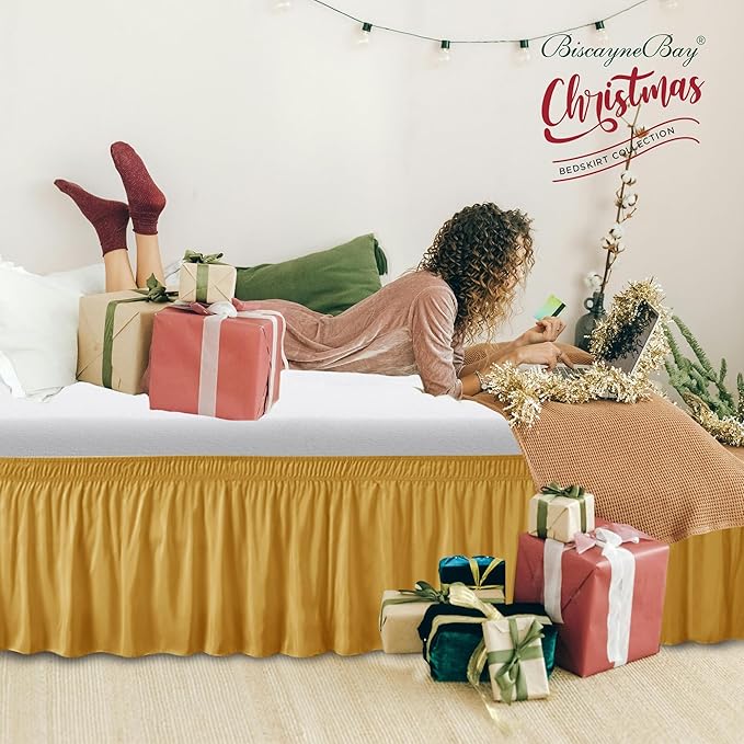 Biscaynebay Wrap Around Bed Skirts for Queen Beds 17" Long Drop, Gold Adjustable Elastic Dust Ruffles Easy Fit Wrinkle Resistant Silky Luxurious Fabric Machine Washable