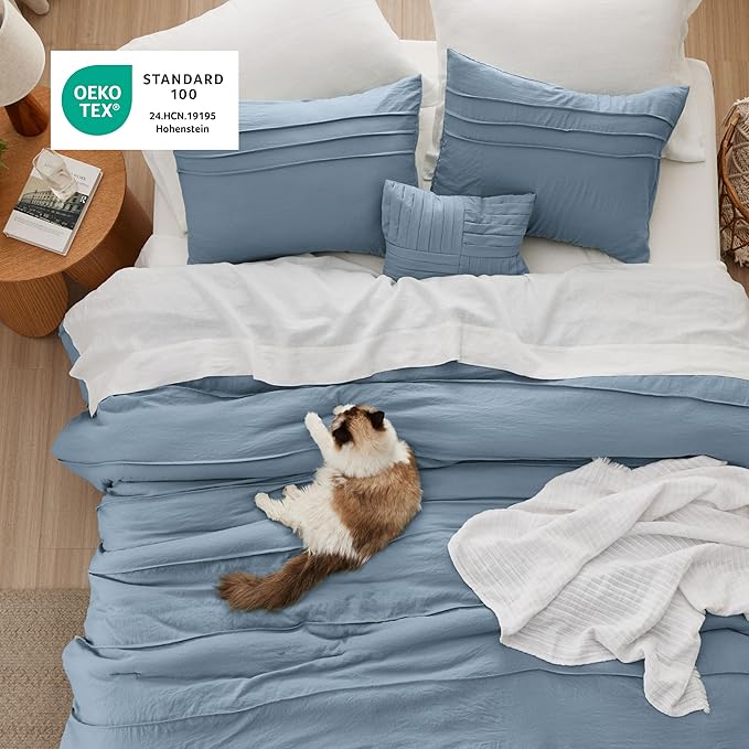 Bedsure King Comforter Set - 4 Pieces Pinch Pleat Bed Set, Light Blue Boho Bedding for All Season, 1 Soft Comforter, 2 Pillowcases, 1 Decorative Pillow