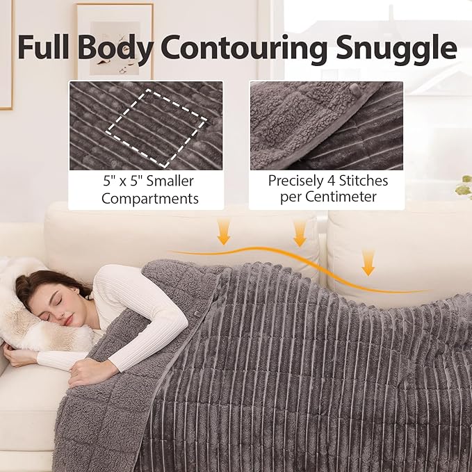 Sherpa Fleece Weighted Blanket with 3D Ribbed Stripes, 12 lbs Soft Flannel Heavy Throw Blanket for Couch Bed Sofa, Heavy Thick Blankets with Ceramic Beads, Great for Sleep, 48" x 72"