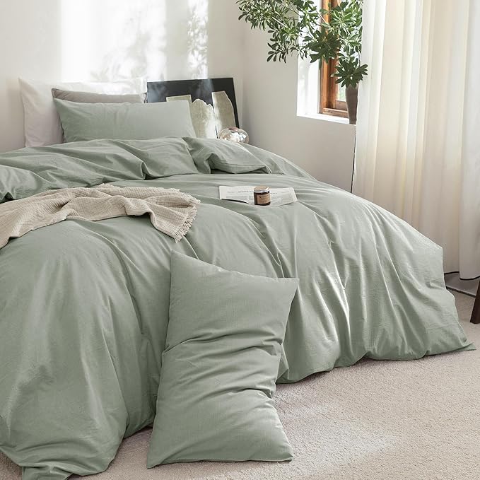 FOSSA Duvet Cover Set 100% Washed Cotton Linen Feel Super Soft Breathable Cozy 3 Pieces Bedding Sets Solid Sage Green Queen