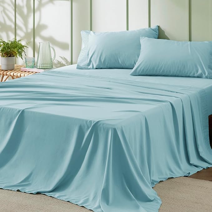 Bedsure Full Size Bed Sheets - 4 Pieces Soft Full Sheet Set - Breathable & Cooling - Hotel Luxury - Easy Care Polyester Microfiber Bedding for Women, Men, Spa Blue