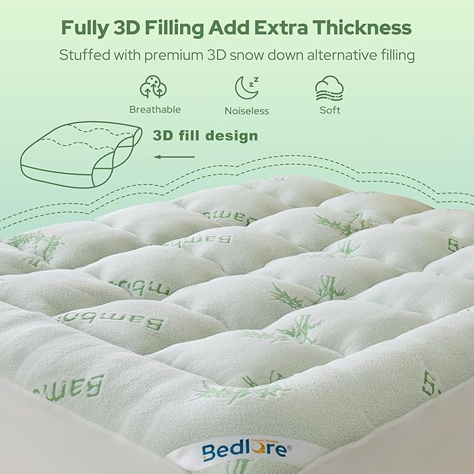 BEDLORE Full Size Mattress Topper Viscose Derived from Bamboo, Thick Pillow Top Mattress Pad with Stretchable Pockets for 6"-15" Mattress, Breathable Mattress Topper for Back Pain Relief