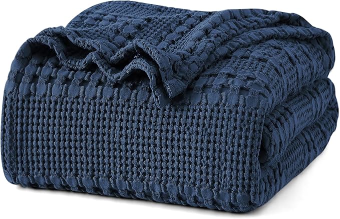 PHF 100% Cotton Waffle Weave Blanket King Size for Bed, Soft Lightweight & Breathable, All-Season Comfort, Luxury Aesthetic Woven Bedding for Home Decor, 108"x90", Blue Sapphire