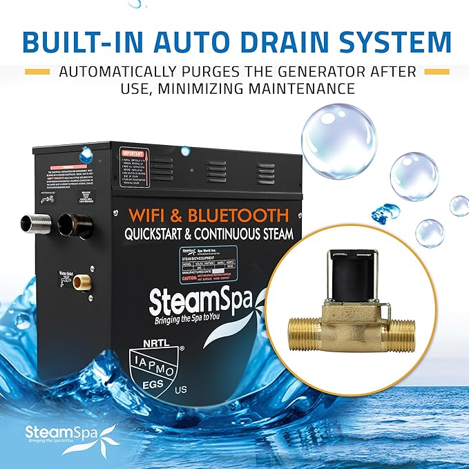 SteamSpa Steam System 4.5kW Steam Shower Generator with Bluetooth Wifi, Quickstart Continous Steam, Advanced Touch Pad Screen, Chroma Lights, Drain Pan and Auto Drain Chrome RVBS450CH-A