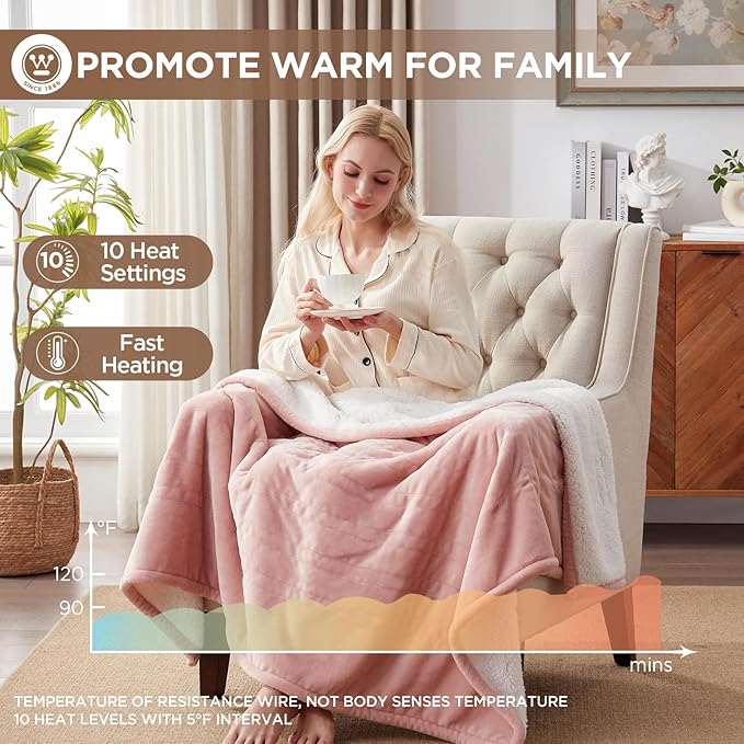 Westinghouse Heated Blanket Throw, Soft Flannel to Sherpa Electric Blanket with 10 Heating Levels, 12 Hours Auto Off, Fast Heating, Machine Washable, 50x60 Inch, Pink