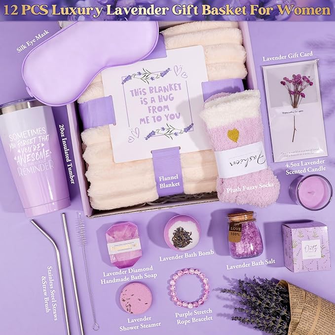 Self Care Gifts Get Well Soon Gift Baskets for Women, Christmas Birthday Gifts for Womens, Inspirational Lavender Relaxing Spa Care Package Thinking of You Gift Set for Mom Wife Her Friends Sister