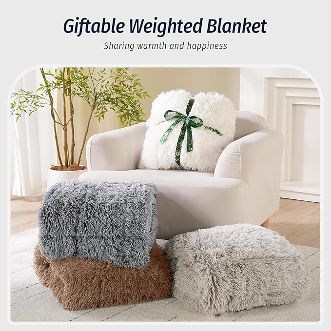 Wemore Shaggy Long Fur Faux Fur Weighted Blanket,Cozy and Fluffy Plush Sherpa Long Hair Blanket for Adult 15lbs,Fluffy Fuzzy Sherpa Reverse Heavy Blanket for Bed,Couch, Brown 60 x 80 Inches