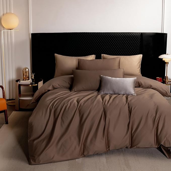 MooMee Duvet Cover Set 100% Extra Long Staple Cotton 600 Thread Count Silky Sateen Smooth Luxury Soft Breathable Durable Hotel Quality Bedding, 3 Piecess (Chocolate Brown, Oversized King 120"x98")