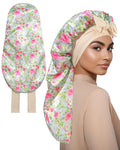 AWAYTR Long Satin Bonnet for Sleeping, Reversible Double Layer Hair Bonnet with Elastic Tie Band (Rose Print+Blue)