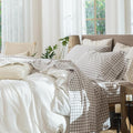 MooMee Gingham Sheet Set 100% Washed Cotton Linen Like Textured Breathable Soft w/Fully Elasticized 16-19" Deep Pocket (Classic Gingham Tannish Linen Grey, Queen)