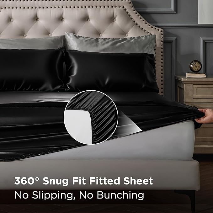 Bedsure Black Satin Sheets Queen Size - 4 Piece Silky Bedsheets with 15 Inches Deep Pocket Fitted Bedsheet,1 Flat Sheet, 2 Satin Pillowcases, Good for Hair & Skin (Queen, Black)