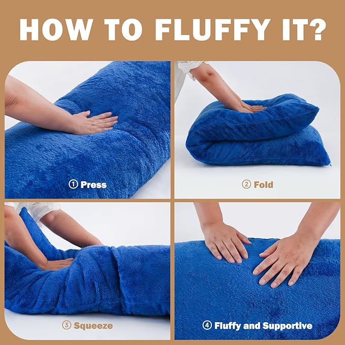 DOWNCOOL Large Body Pillow Insert with Faux Fur Cover - Fluffy Long Bed Pillow for Sleeping - Breathable Full Body Pillow for Adults - 20x54 inch (Blue, with Cover)