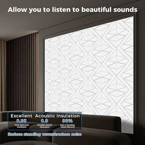 50 Pack Bulk Self-Adhesive Soundproof Wall Panels, 12 x 12 x 0.47 in Sound Proof Foam Panels for Walls, 1.2lb/ft³ High Density, Thicker 0.47in, Acoustic Panels, Duty for Large Walls White