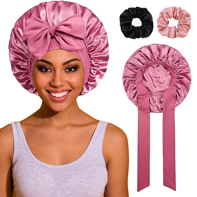 Bonnet with Tie Band, Satin Hair Silk Bonnet for Sleeping Women, Sleep Bonnets for Women, Double Layer Sleep Cap for Curly Hair Braids