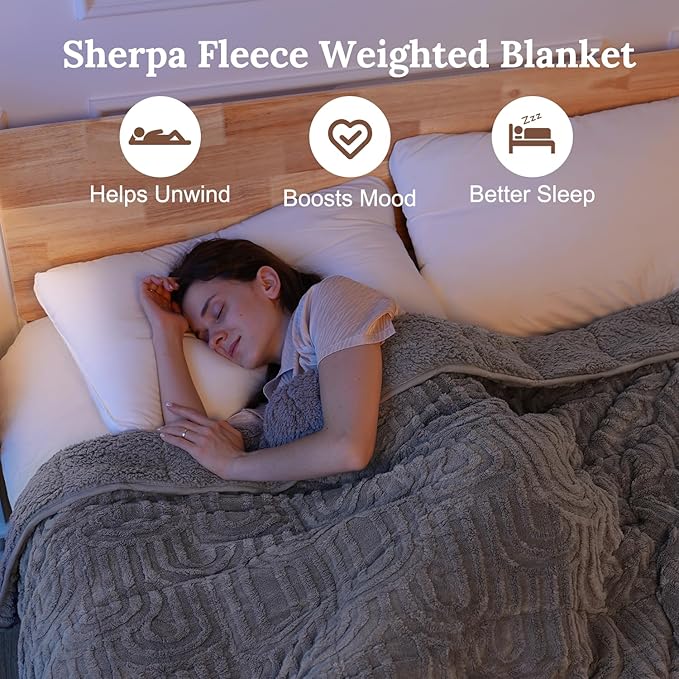 Sherpa Fleece Adult Weighted Blanket Great for Sleep, 20 lbs Dual Sided Soft Fuzzy Heavy Blankets for Couch Bed Sofa, Cozy Warm Fluffy Arched Jacquard Throw for Winter (Grey, 60" x 80", 20 Pounds)