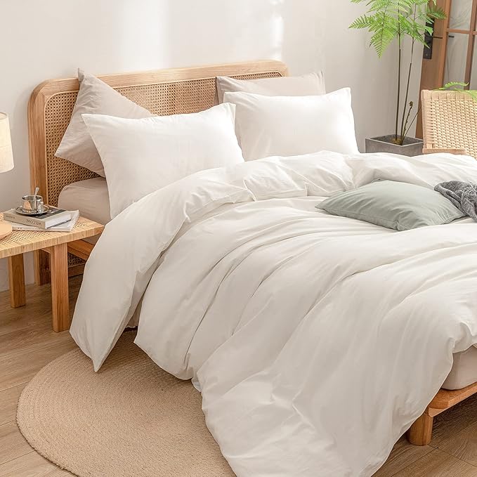 BESTOUCH Duvet Cover Set 100% Washed Cotton Linen Feel Super Soft Comfortable Chic Lightweight 3 PCs Home Bedding Set Solid Off White Cal King