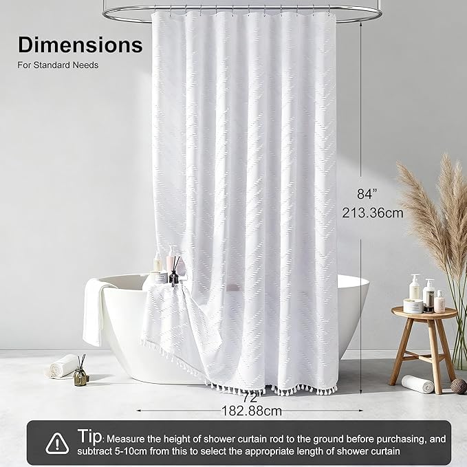 Extra Long Shower Curtains 72 x 84 Inches Tufted Chevron White Shower Curtains Fabric for Bathroom Modern Shabby Chic Waterproof Cloth Shower Curtain