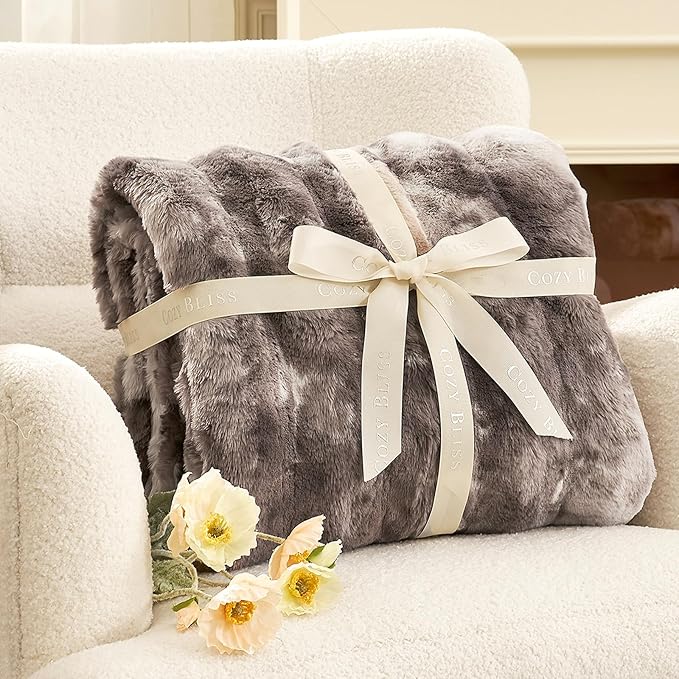 Cozy Bliss Faux Fur Throw Blanket for Couch, Fuzzy Soft Plush Thick Striped Blanket for Sofa Bedroom Living Room, 50 * 60 Inches Tie-dye Grey