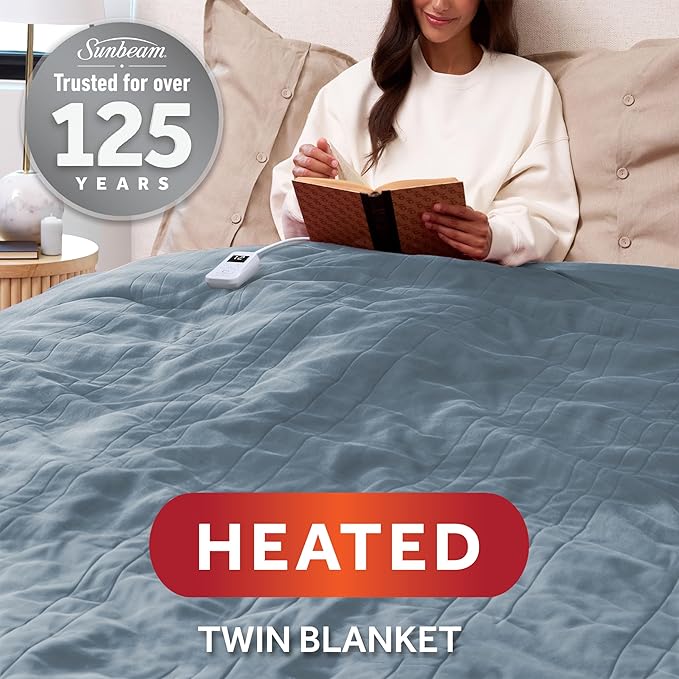 Sunbeam Electric Royal Luxe Microplush Heated Blanket, 12 Heat Settings, 12-Hour Auto Shut-Off, Fast Heating, Warm and Cozy, Cadet Blue Color, Twin (84" x 62")