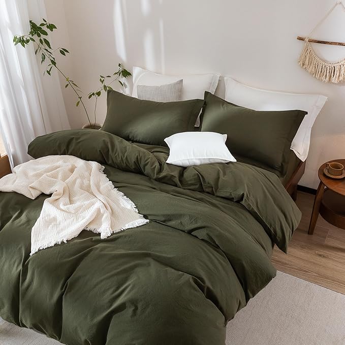 Olive Green Duvet Cover Queen Size, 100% Washed Cotton Bedding Set Cover 1 Duvet Cover 90inch x 90inch with Zipper Closure and 2 Pillowcases, Olive Green