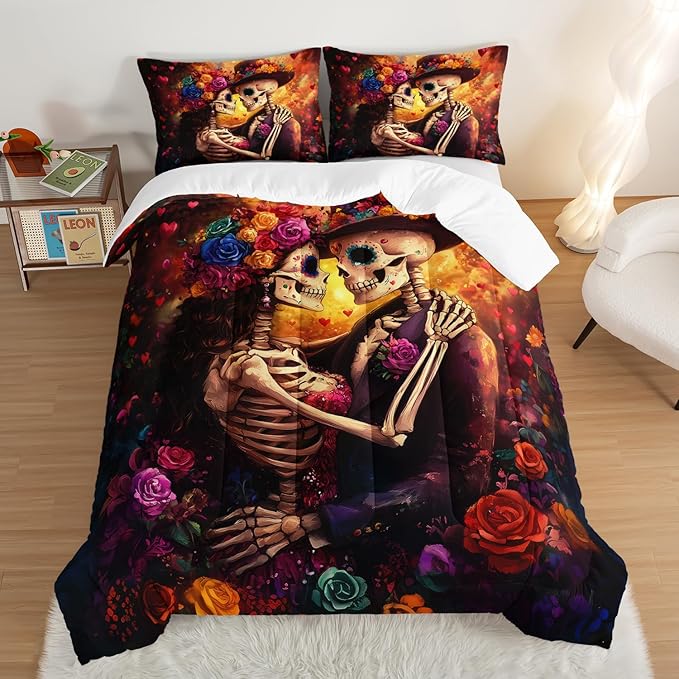 Skull Printed Comforter Set Queen Size,Skeleton Couple Embrace Bedding Romantic Flower Comforter Set for Kids Girls Room Decor,Artistic Aesthetics Bedding Set with 2 Pillowcases.