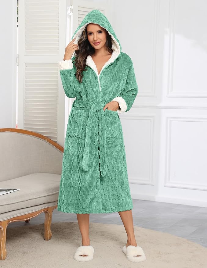 Ekouaer Womens Plush Robes Long Soft Jacquard Fluffy Bathrobe Hooded Robe Sleepwear with Pockets