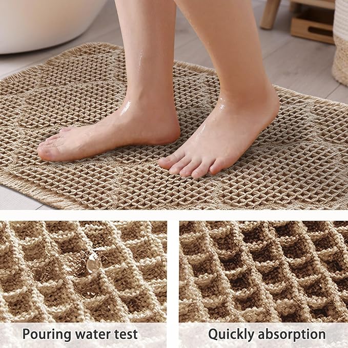 ZALL Tan Waffle Bath Mat,Super Absorbent Non Slip Bathroom Rug,Brown 24X60 inch, Geometric Diamond Machine Washable Ultra Soft Floor Mats