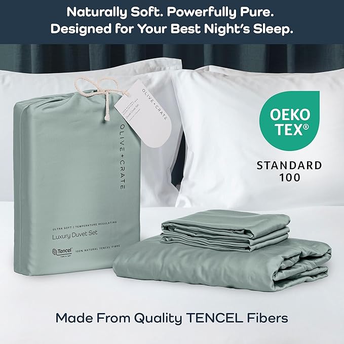 Olive + Crate Tencel Eucalyptus Cooling Duvet Cover Set - Hypoallergenic, Lyocell Tencel Duvet Cover - Soft, Temperature Regulating with Hidden Button Closure & Corner Ties - Twin XL [Eucalyptus]