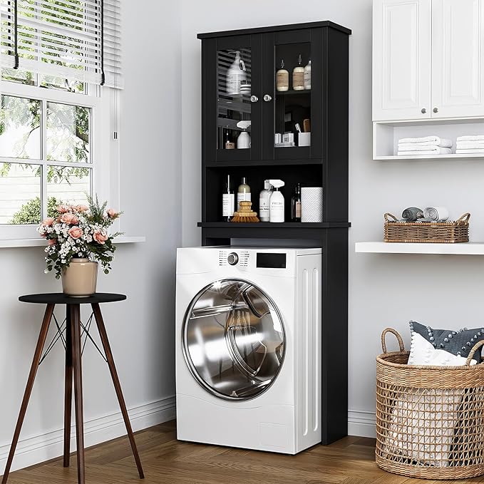 Meilocar Over The Toilet Storage Cabinet, Bathroom Storage Organizer Over Toilet with Glass Doors, Over Toilet Cabinet for Bathroom Freestanding Space Saver, Black