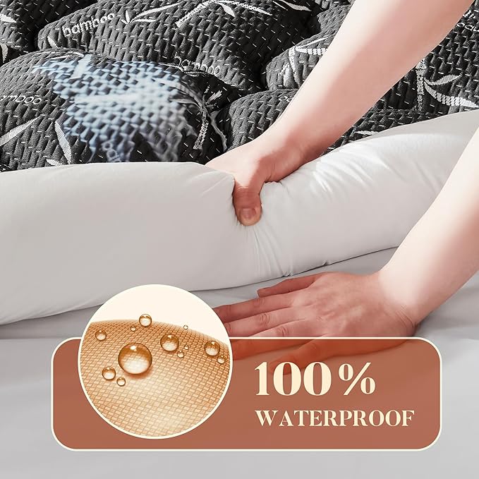 100% Waterproof King Size Mattress Topper, Thick Pillow Top Mattress Pad，Up to 25 Inch Deep Pocket,Soft Breathable Mattress Pad for Back Pain, Protector Cover(Black)