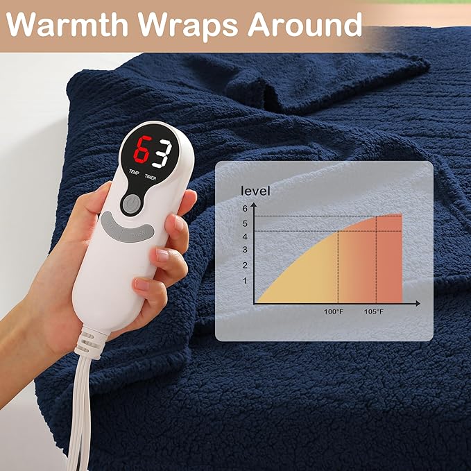 Electric Heated Blanket 6 Heating Settings & 1-10H Auto Off Full 72×84 Double Sided Plush Sherpa Ultra-Soft Warm Thick, Machine Washable, Fast Heating, Home Office Dark Blue