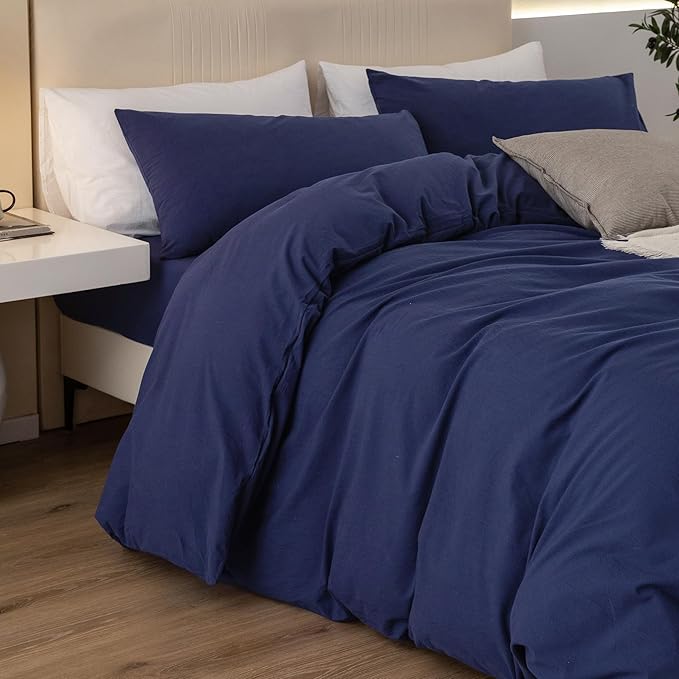 JIYUAN 100% Washed Cotton Duvet Cover Set 3 Pieces Cal King, 1 Duvet Cover 104x98 Inches(Comforter Not Included) and 2 Pillowcases,Linen Feel Bedding Set Comfy and Breathable,Navy Blue