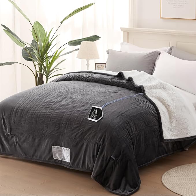 Westinghouse Heated Blanket Twin Size, Soft Flannel to Sherpa Electric Blanket with 10 Heating Levels, 12 Hours Auto Off, Fast Heating, Machine Washable, 62x84 Inch, Charcoal