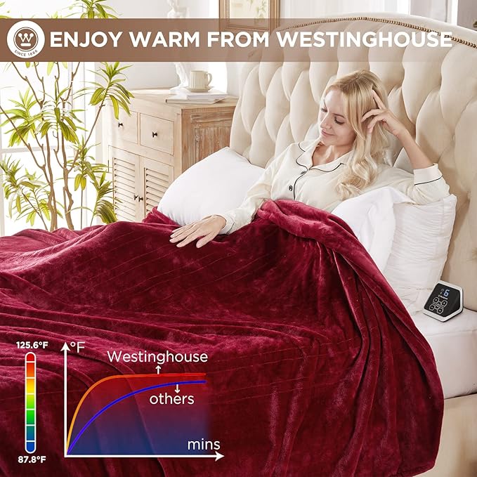Westinghouse Heated Blanket Twin Size, Electric Heating Blanket with 10 Heating Levels, 1-12 Hours Auto Shut Off, Fast Heating Warming Blanket, Machine Washable (Twin, 62x84 Inches, Wine Red)