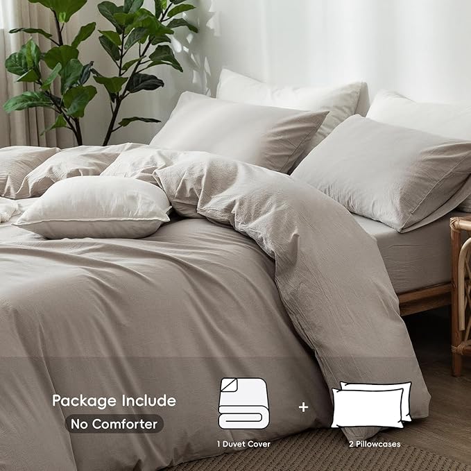 MooMee Bedding Duvet Cover Set 100% Washed Cotton Linen Like Textured Breathable Durable Soft Comfy (Heathered Cream Grey, King 104"x90")