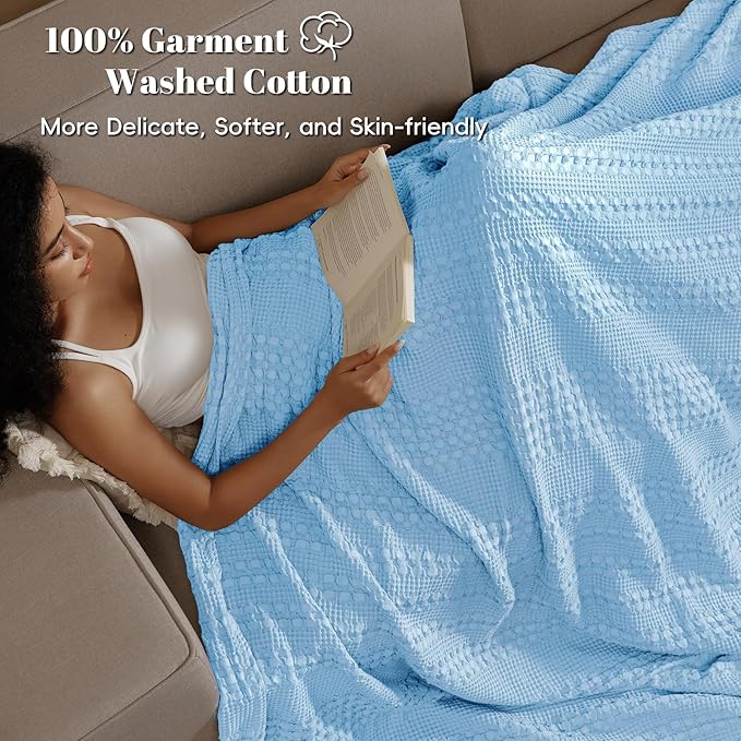 PHF 100% Cotton Waffle Blanket Oversized King 120"x120", Lightweight Breathable Extra Large 10'x10' Blankets for Bed, Giant Big Luxury Aesthetic Woven Bedding for Home Decor, Sky Blue