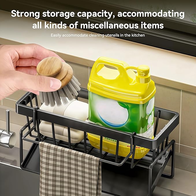 Sponge Holder for Kitchen, Sink Caddy Organizer Rack for Kitchen Accessories, Soap Dispenser Countertop Organizer Essentials for Home (Black)