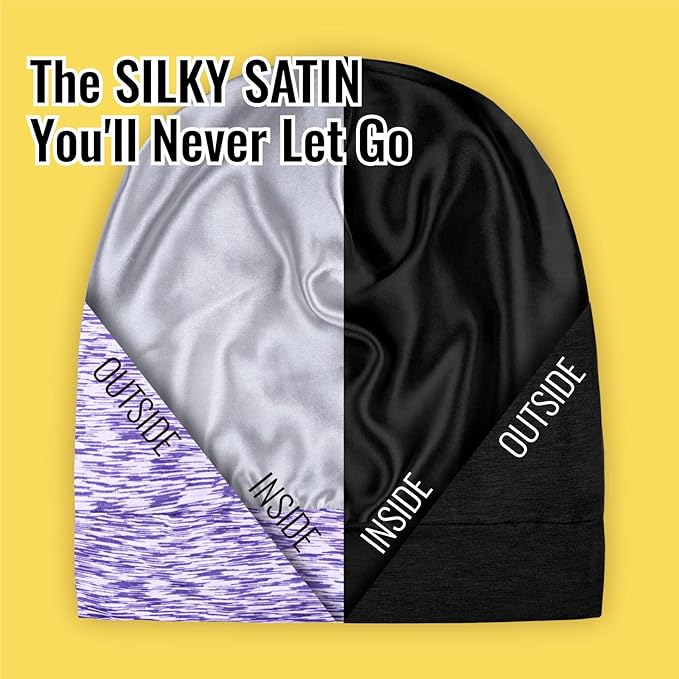 Satin Lined Sleep Cap Bonnet for Curly Hair and Braids, Stay On All Night Hair Wrap with Adjustable Strap for Women and Men, Black and Purple, Pack of 2
