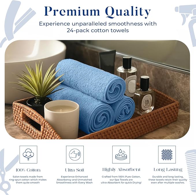 DAN RIVER 100% Cotton Salon Towels Set – 16x26 inches, Pack of 24, Highly Absorbent and Quick-Dry Towels for Hand, Salon, Spa, Beauty, Gyms and Home Hair Care, Blue