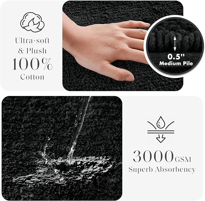 Madison Park Splendor Reversible 100% Cotton Tufted Bathroom Rug-3000 GSM Hotel Quality Luxurious Plush Medium Pile Bath Mat Absorbent, Quick Dry, Shower Room Décor, 20x30 Black