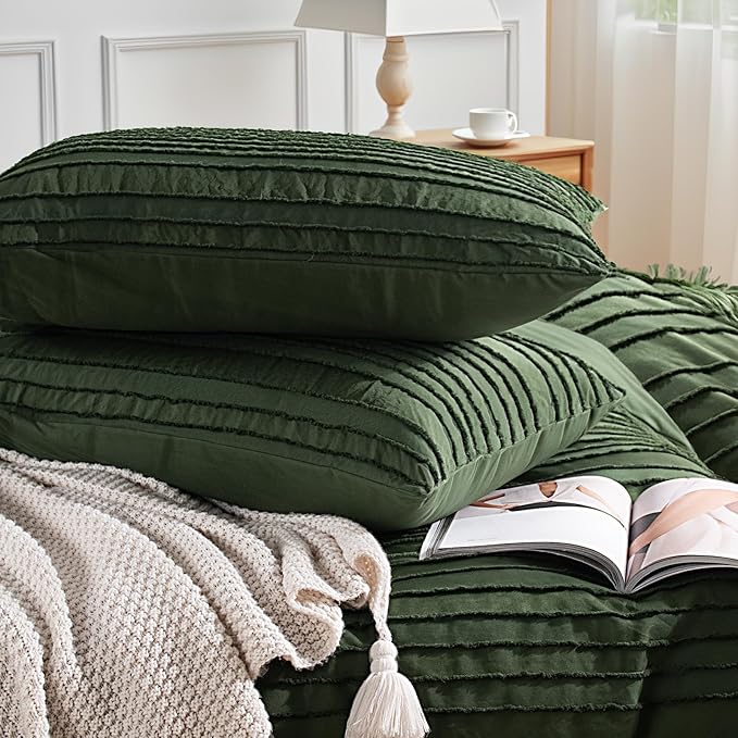 NEXHOME PRO California King Duvet Cover, Blue 3 Pieces Boho Tufted Duvet Cover Set, Soft and Lightweight Microfiber Comforter Cover Set (Forest Green,104 x 98)-No Comforter