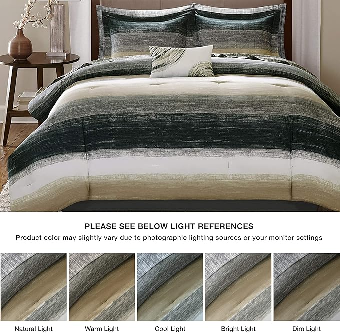 Madison Park Essentials King Comforter Set, Bed in a Bag King, Watercolor Print Coastal Comforter & Chambray Cotton Sheet Set, All Season Bedding Set, Saben, Taupe King (104 in x 92 in) 9 Piece