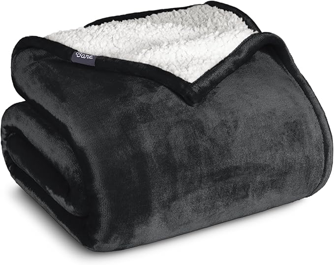 Bare Home Sherpa Fleece Blanket - Full/Queen Size - Blanket for Bed, Sofa, and Couch - Warm & Lightweight - Fluffy & Soft - Reversible (Full/Queen, Black)