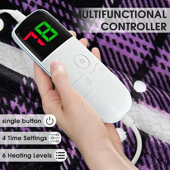 Heated Electric Blanket King Size, 90X100 Heating Blanket King with Dual Control&10 Heats Levels&Timer for Bed,Large Purple Plaid Sherpa Blankets Warmer Gifts for Grandma Women Adults, Washable