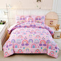 ANGIYUIN 6 Pieces Full Size Kids Comforter Set for Girls Colorful Rainbow Bed in A Bag with Sheets Cute Cartoon Clouds, Stars, Love Hearts Printed Bedding Set for All Season, Pink, Full