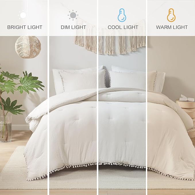 Codi Beige Twin Comforter Set for Girls - Boho Aesthetic Pom Fringe Design Cute Bedding, Soft Washed Microfiber Taupe Bed Sets, Lightweight Chic,1 Comforter & 1 Pillowcase